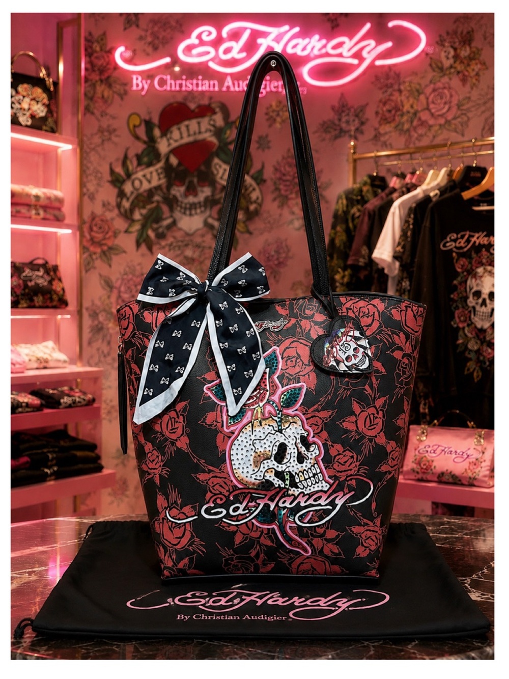 Ed Hardy. Skull and Roses Tote Bag with Free Bag Scarf & Dust Bag.